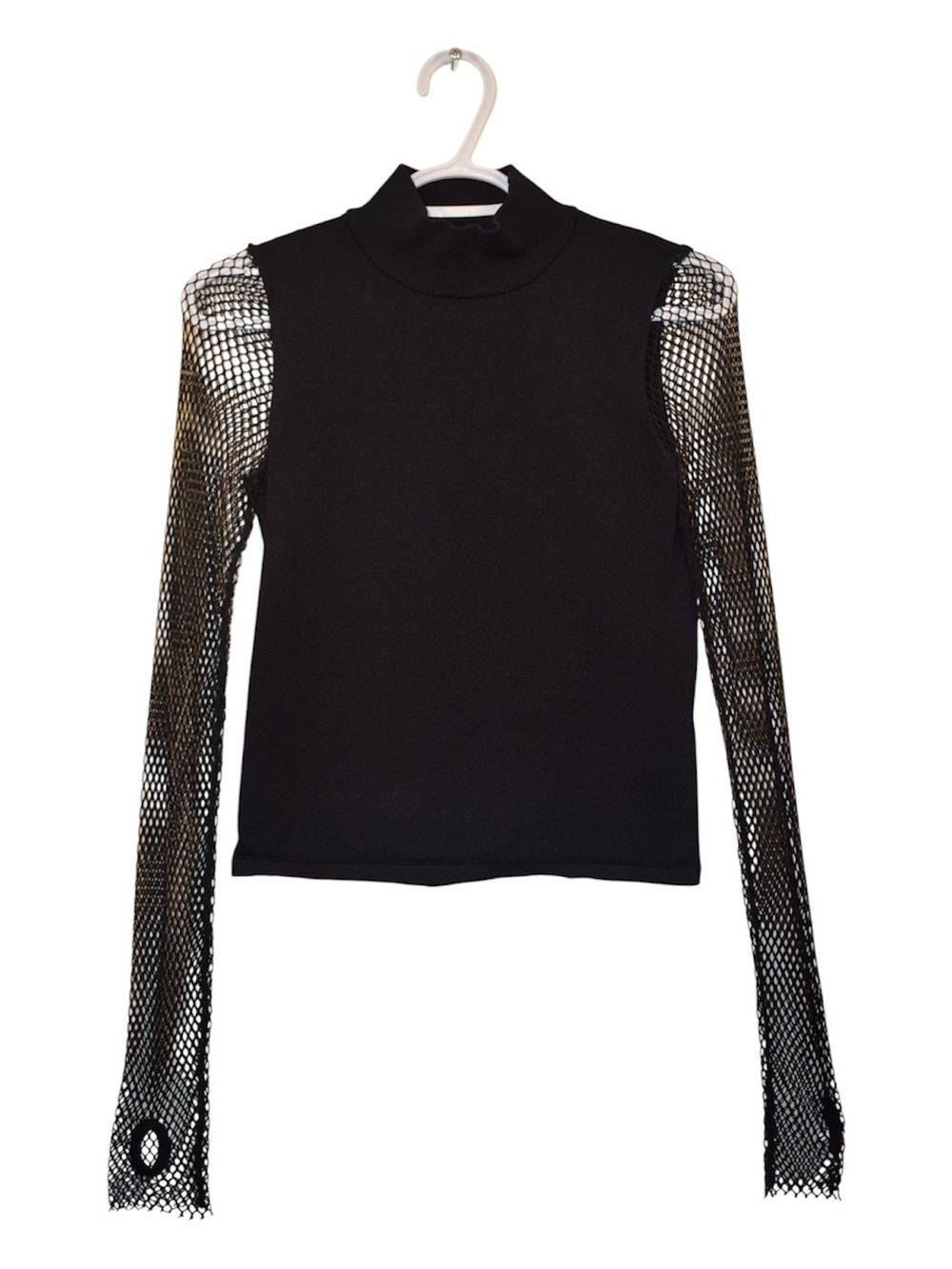 Zara Black Mock Neck Top with Mesh Long Sleeves